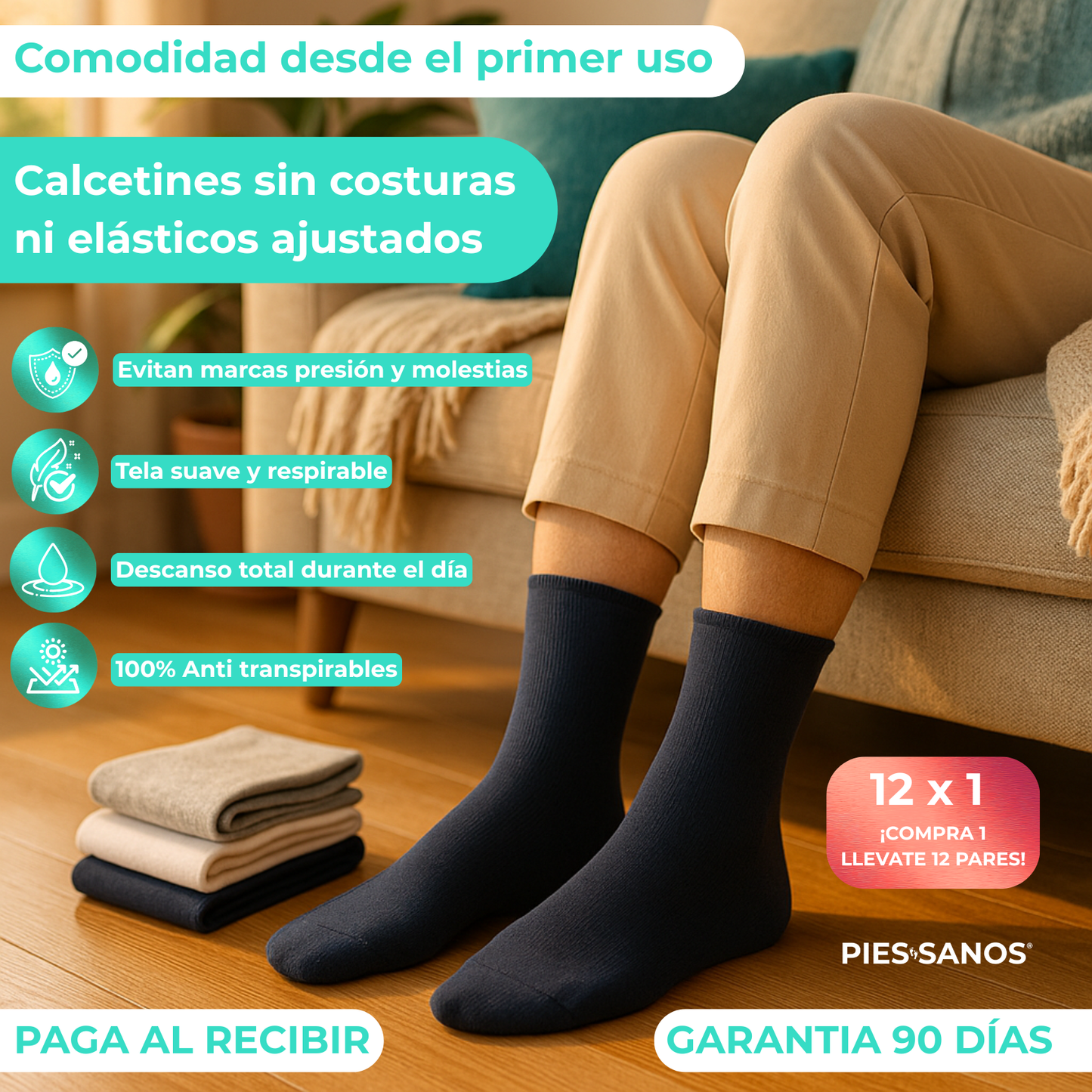CALCETINES ESPECIALES PARA DIABETICOS SIN COSTURA, NO APRIETAN NI DEJAN MARCAS - PIES SANOS® PACK 12 PARES